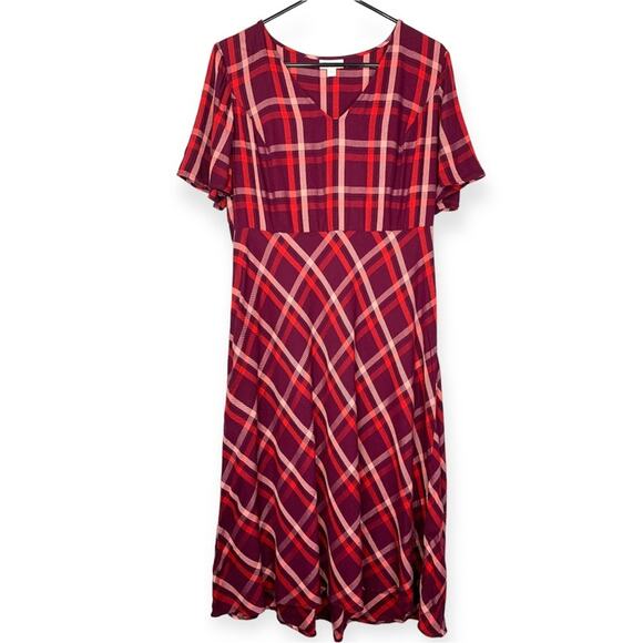 J Jill plaid red pink and burgundy midi rayon dress short sleeves women’s size M - Picture 1 of 7